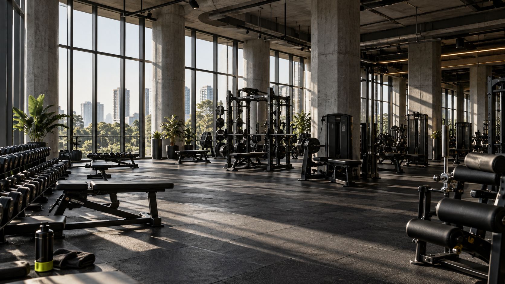 Sunlit REPFORM training floor with concrete architecture and black strength equipment