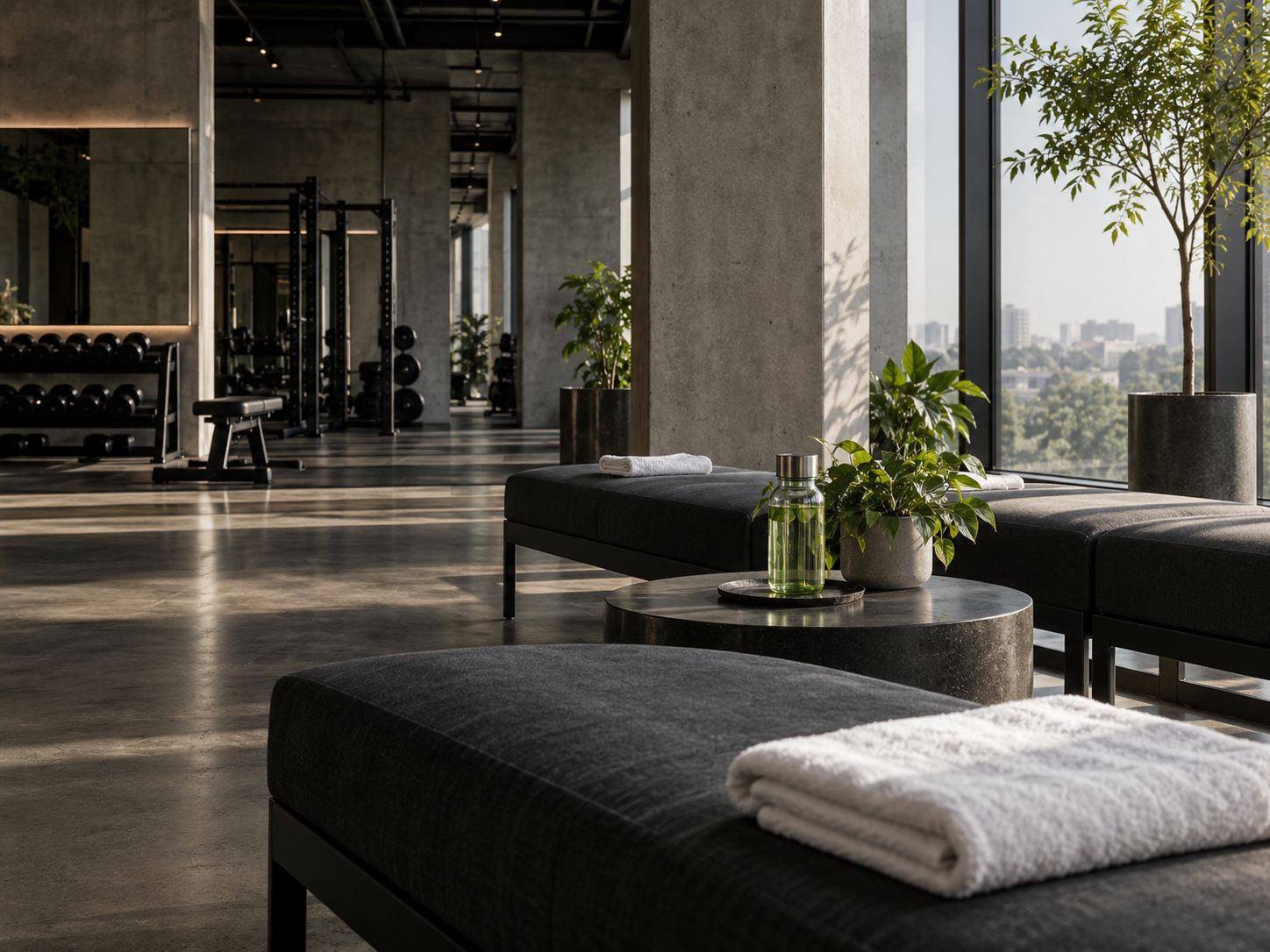 Quiet recovery lounge with towels, seating, and daylight